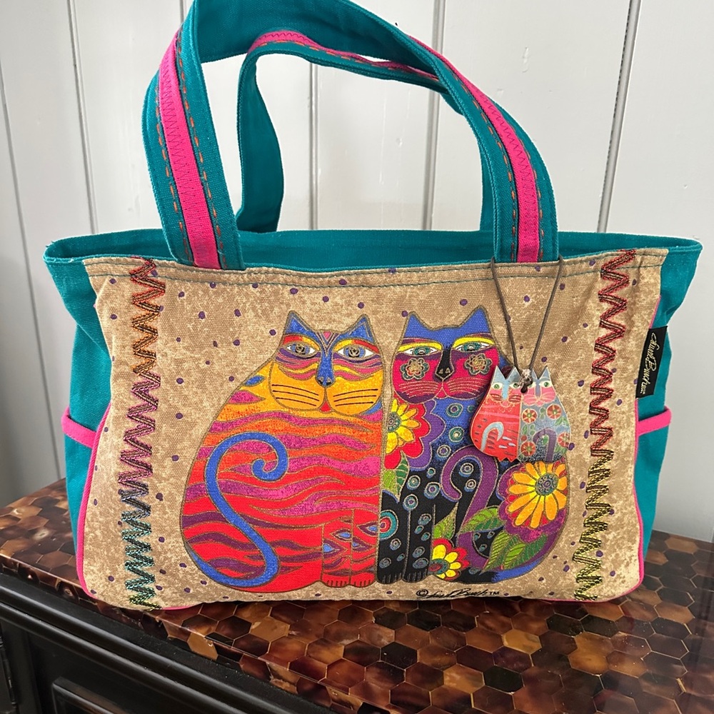 NWOT Laurel Burch Vibrant Cat Feline Art Tote Shoulder Bag